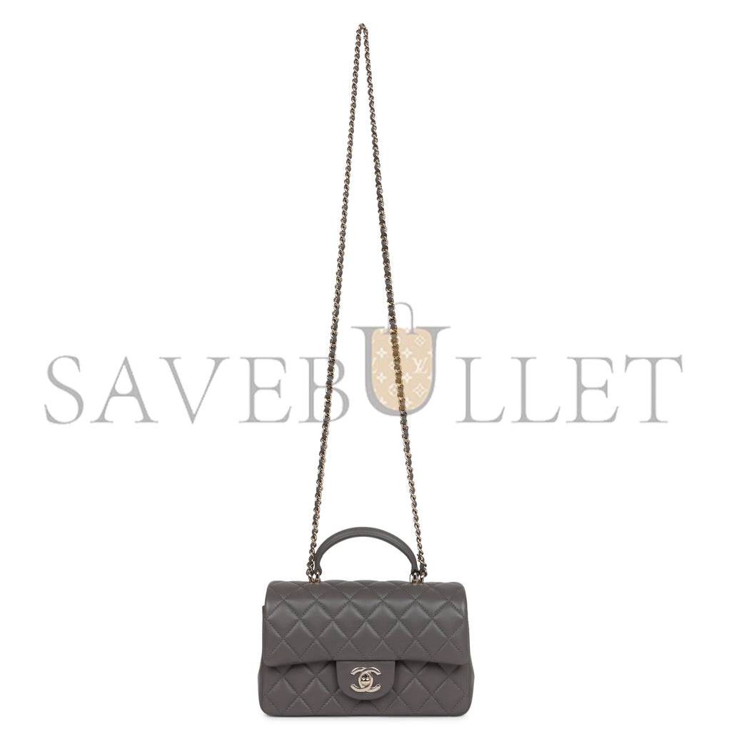 CHANEL MINI RECTANGULAR FLAP BAG WITH TOP HANDLE DARK GREY LAMBSKIN LIGHT GOLD HARDWARE (22*15*8cm)